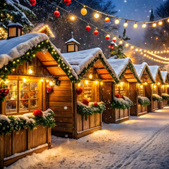 Fototapeta premium Charming wooden huts adorned with colorful garlands