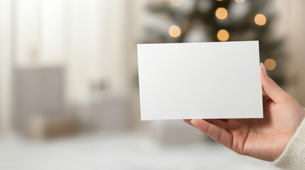 Woman is holding blank white card, blurred christmas tree with lights on background, space for mockup