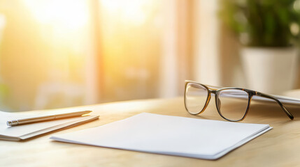 Businessman at a modern office on a sunny day, ready to fill empty paper sheets with new ideas
