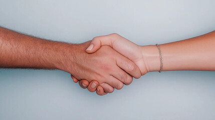 Fototapeta premium Two hands shaking in agreement, diverse skin tones, partnership