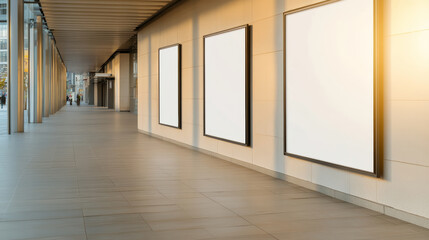 Obraz premium Contemporary building interior with sunlit empty frames, ideal for mockup designs