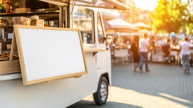 White food truck showcases an empty menu amidst a bustling street food market in the golden sunlight - Powered by Adobe