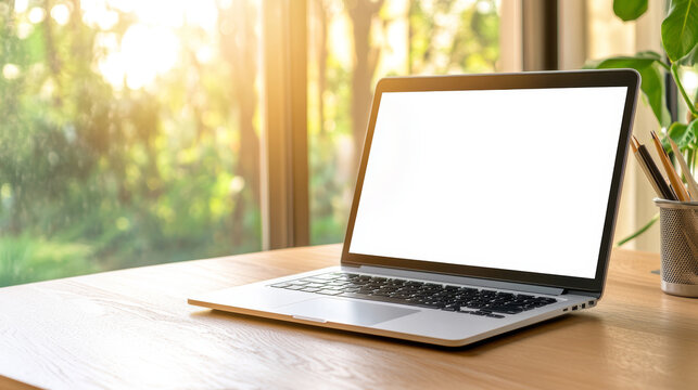 Laptop showing white screen for mockup in a workspace with big windows and blurred garden background