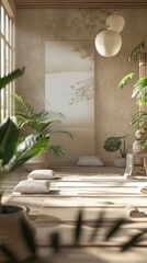 Serene yoga studio with mats and calming decor, 4K hyperrealistic photo