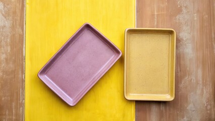 Fototapeta premium Two colorful trays on a vibrant yellow and pink backdrop.
