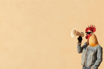 Human like rooster holding a retro hand speaker.