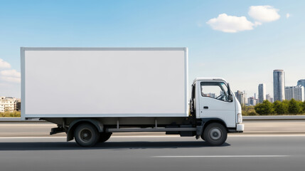 Delivery truck on a highway with a city in the background, blank space for mockup