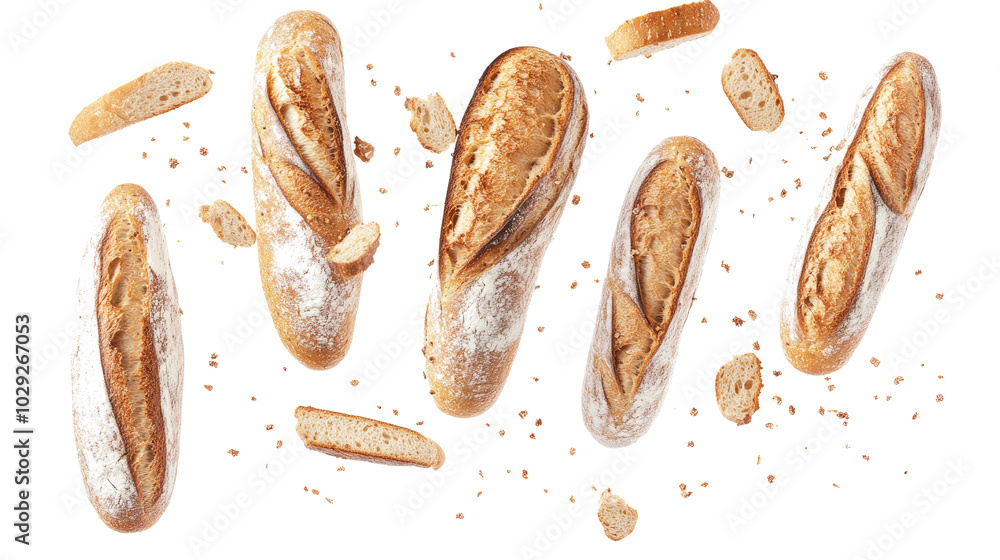 Poster baguette breads with scattered crumbs on a white background generative ai