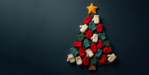 Top view decorative Christmas tree made of mittens of different colors, on ver. Monochrome dark green background, copy space. Creative concept, advertising banner, card