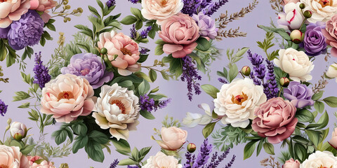 Delicate floral arrangement featuring peonies and lavender on a lavender backdrop