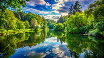 Fototapeta premium Tranquil Summer Landscape with Long Exposure Forest Pond Reflection