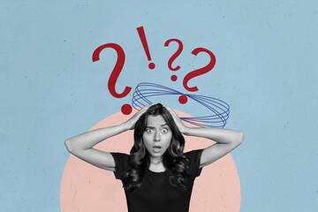 Creative collage picture young questioned woman confused dilemma ask what why problem unsure...