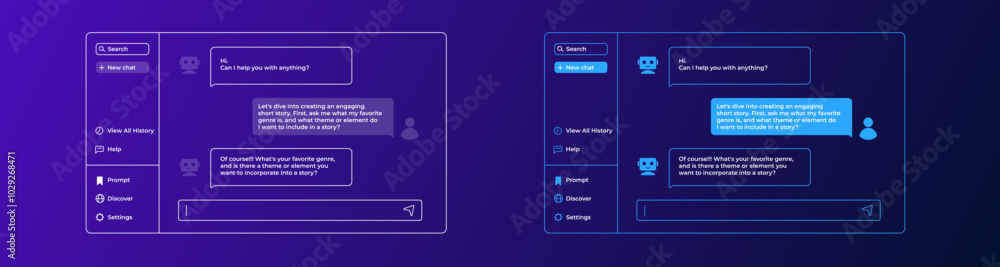 Poster chatting with artificial intelligence. chat bot user interface in blue dark style with messages.