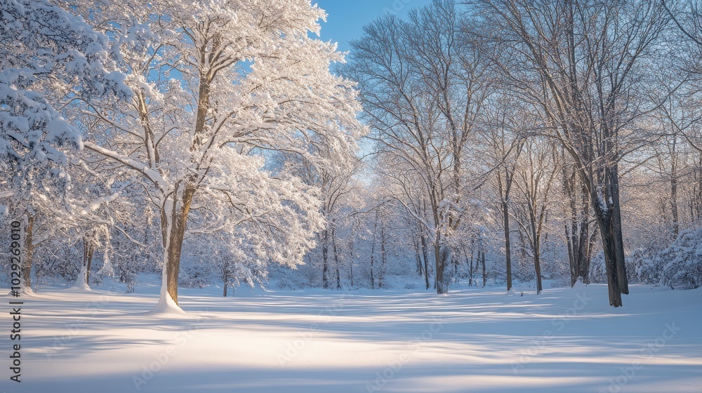 Wall mural snow-covered trees in a serene forest during early morning with soft light filtering through the bra