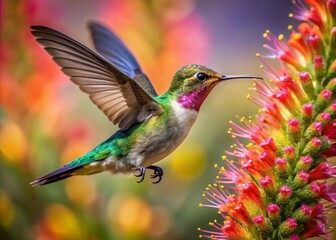 Fototapeta premium Costas Hummingbird in Flight Feeding on Candelilla Bloom - Macro Photography
