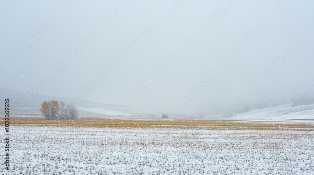 Wall mural snow gently falling on an open field, with distant mountains barely visible through the mist