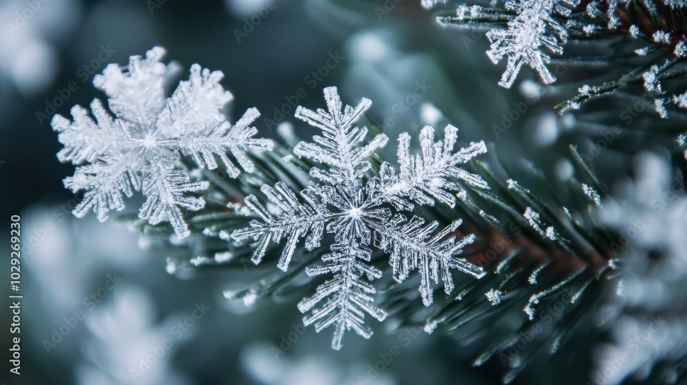 Canvas Prints a close-up of snowflakes on a pine tree branch, softly illuminated by natural light