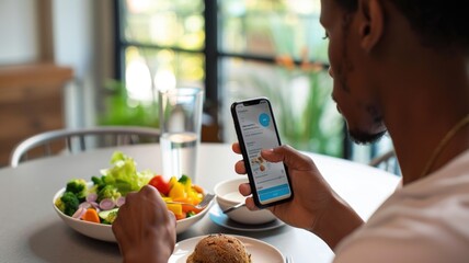 Healthy eating and fitness tracking at breakfast table with smartphone app