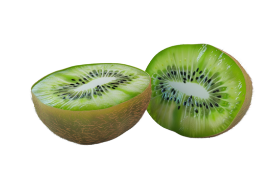 PNG Fresh kiwi fruit, sliced in half, vibrant green interior, isolated on white background.