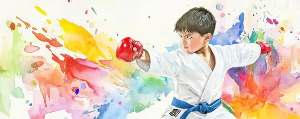 Young karateka in action with colorful splashes, white background