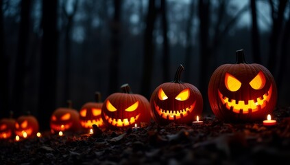 Lit Jack-o'-Lanterns at the Edge of a Dark Forest with a Twilight Sky