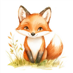 Obraz premium Soft watercolor forest cute fox on white background