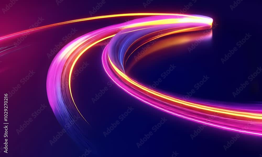 Poster abstract background with neon glowing lines shape, creating vibrant and dynamic curves on a dark pur