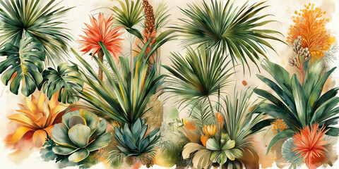 Fototapeta premium Vibrant tropical plants display lush foliage and colorful blooms in a serene setting