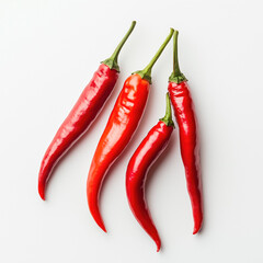 Isolated hot chili peppers on a plain white surface