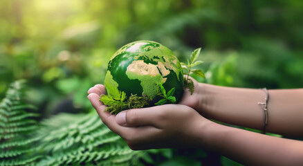 Green planet Earth cradled in children's hands amid lush foliage. Symbolic image of environmental...