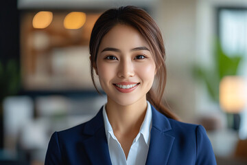 smiling business woman in professional setting exudes confidence and positivity. Her formal attire and warm expression create inviting atmosphere, perfect for corporate environment