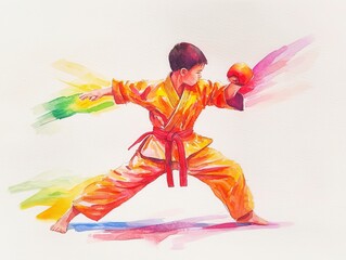 Obraz premium Boy practicing martial arts in colorful uniform, white background