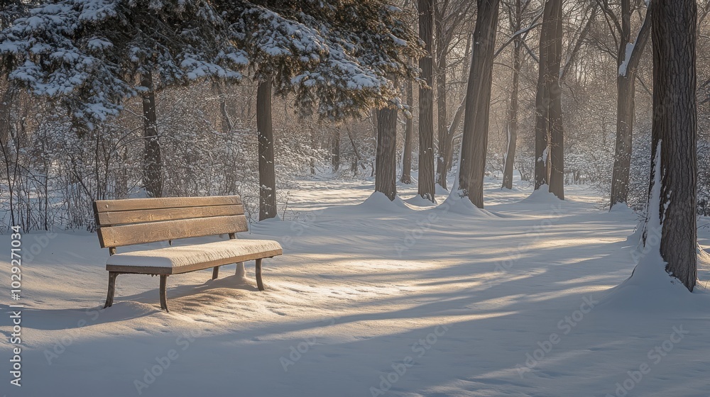 Canvas Prints a snow-covered bench in a quiet park, with soft light filtering through the trees