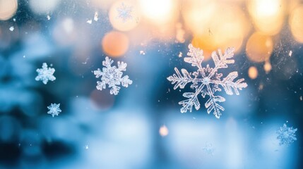 A close-up of snowflakes on a window pane, with soft natural light shining through