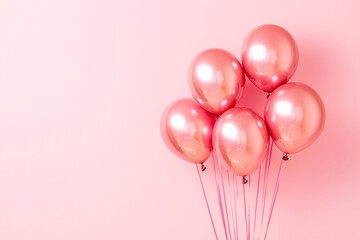 A bunch of shiny pink metallic balloons isolated on a pastel pink background. The ample copy space on the left makes this image perfect for festive or promotional text overlay.