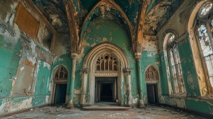 Fototapeta premium Crumbling green lobby with archway in abandoned church.