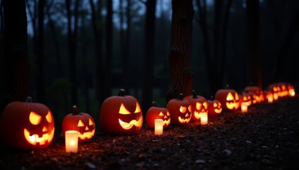 Lit Jack-o'-Lanterns at the Edge of a Dark Forest with a Twilight Sky