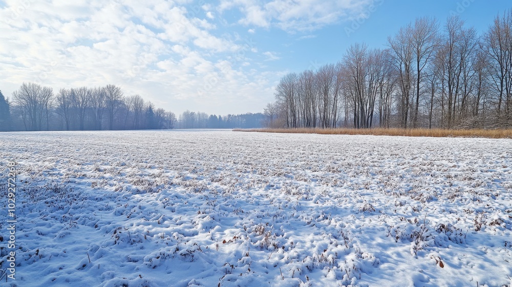 Wall mural a peaceful snow-covered field with distant trees and the soft light of morning breaking through