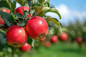 Obraz premium Ripe red apples hanging from tree branches
