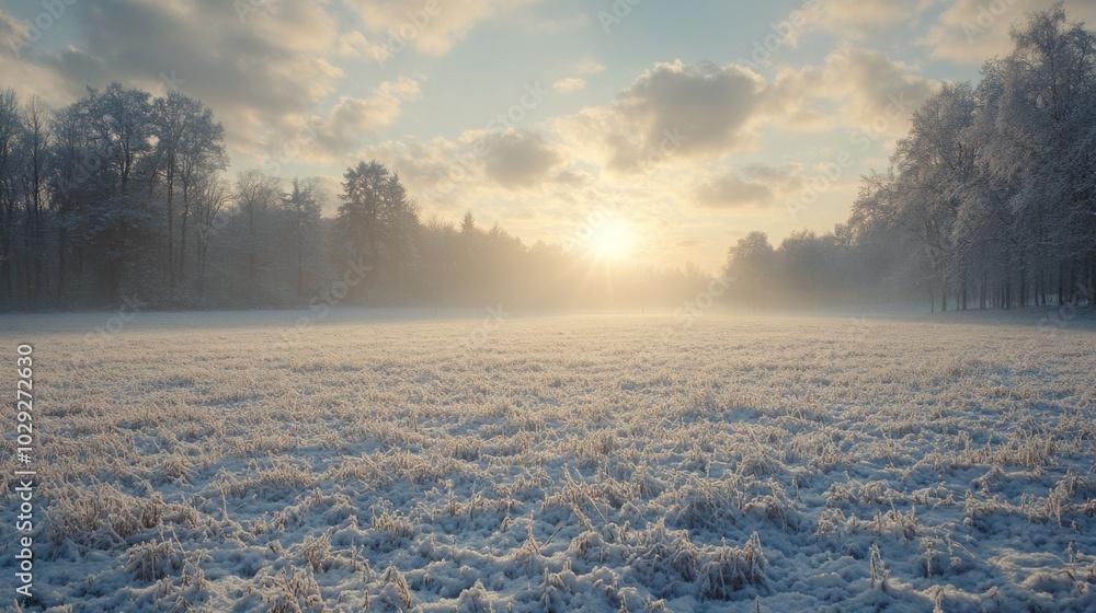 Canvas Prints a peaceful snow-covered field with distant trees and the soft light of morning breaking through