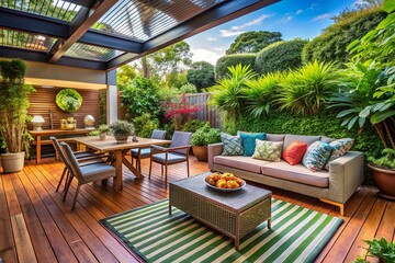 Cozy Outdoor Deck with Entertaining Space and Natural Surroundings for Relaxation