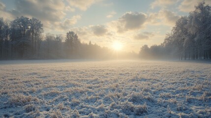 A peaceful snow-covered field with distant trees and the soft light of morning breaking through