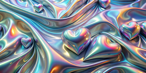 Fototapeta premium A vibrant and fluid scene features metallic hearts resting on a swirling surface with iridescent colors. Light reflects off the smooth contours, creating a sense of depth and movement. AI generated.