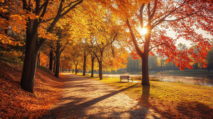 Fototapeta premium Autumn Park Pathway with Golden Leaves Bench and Sunbeams