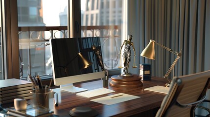 A Lawyer's Desk with a Lady Justice Statue and Modern Computer