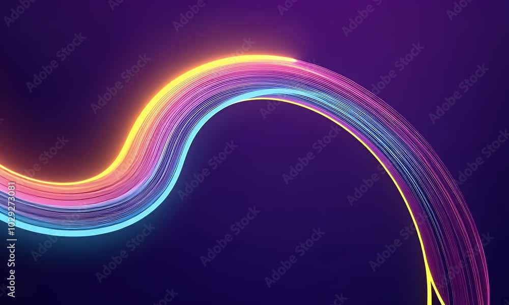 Poster abstract background with neon glowing lines shape, creating vibrant and dynamic curves on a dark pur