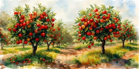 A vibrant apple orchard bursting with ripe red fruit on a sunny day in autumn