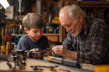 Fototapeta premium Grandfather and grandson working on a model train set together in a workshop filled with tools.