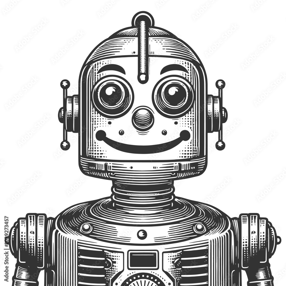 Poster smiling vintage robot with large eyes, drawn in a classic engraving style sketch engraving generativ