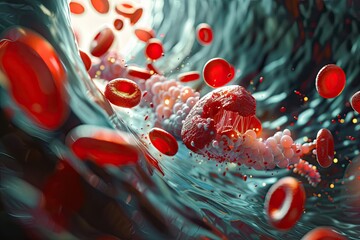 A close-up of white blood cells responding to coronavirus particles within the bloodstream